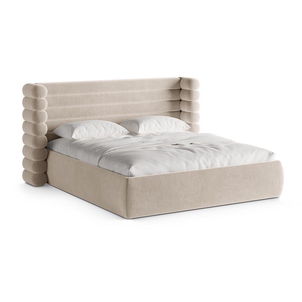 Bézs kárpitozott ágyneműtartós franciaágy ágyráccsal 160x200 cm Mount – Micadoni