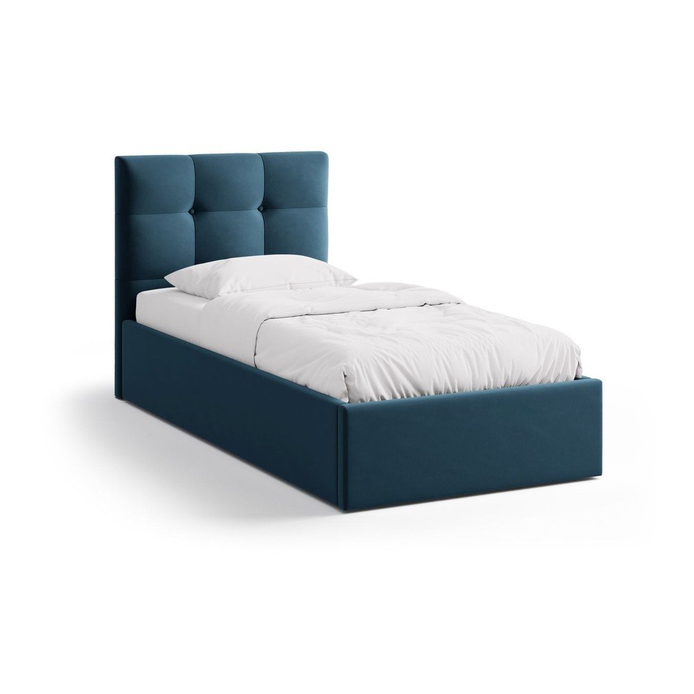 Kék kárpitozott ágyneműtartós egyszemélyes ágy ágyráccsal 90x200 cm Phaedra – Micadoni