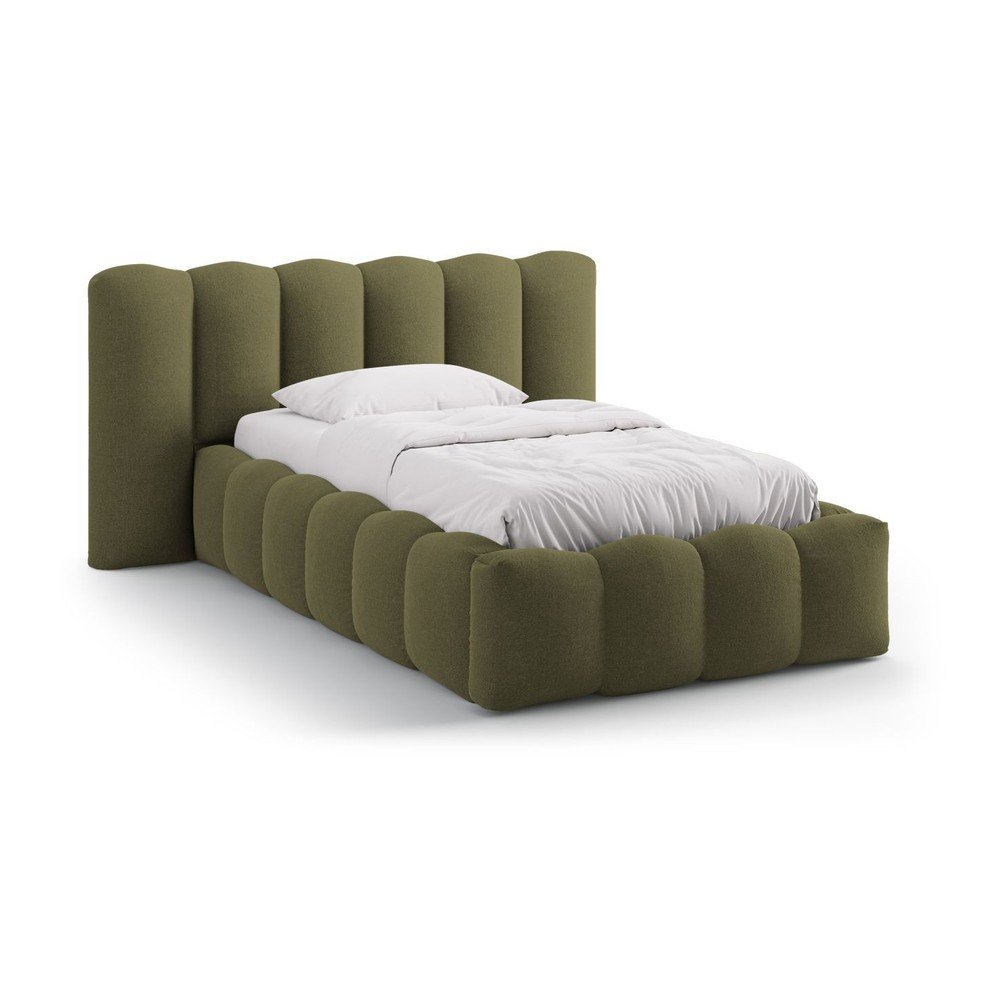 Khaki kárpitozott ágyneműtartós egyszemélyes ágy ágyráccsal 90x200 cm Lupine – Micadoni