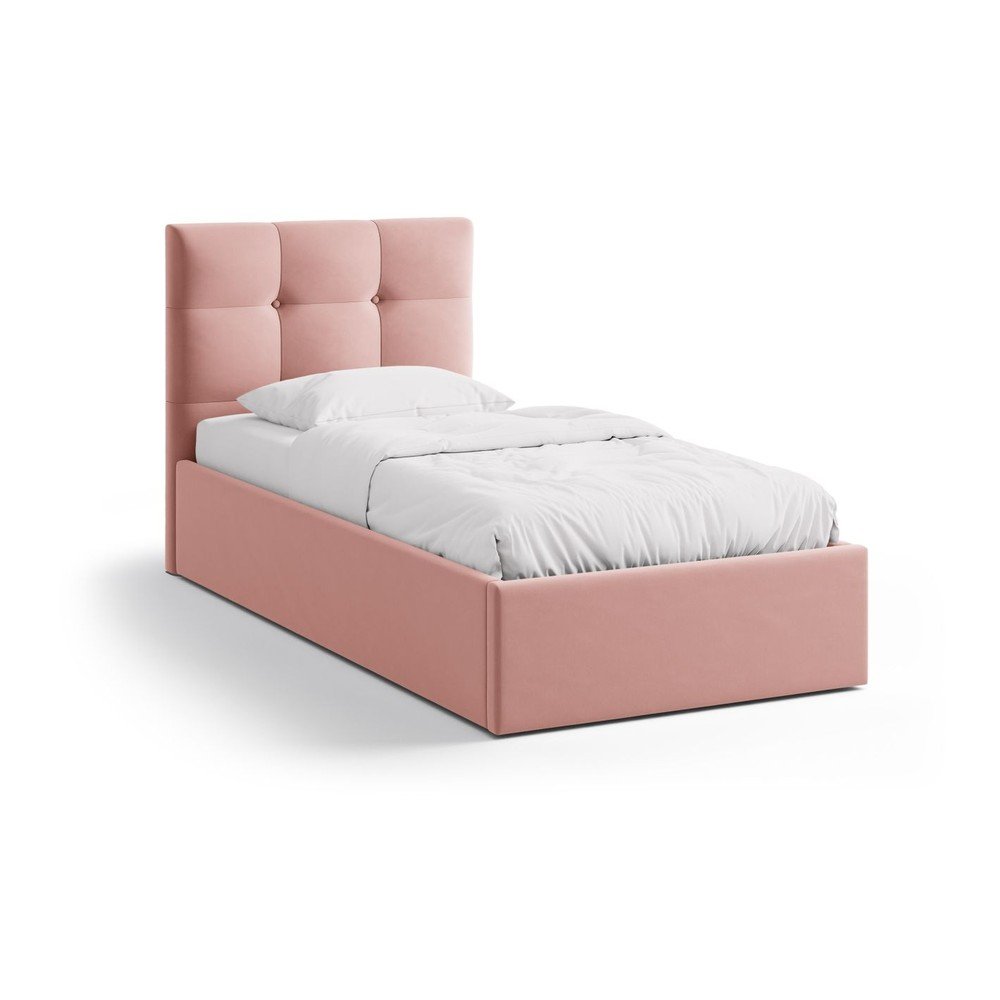 Rózsaszín kárpitozott ágyneműtartós egyszemélyes ágy ágyráccsal 90x200 cm Phaedra – Micadoni