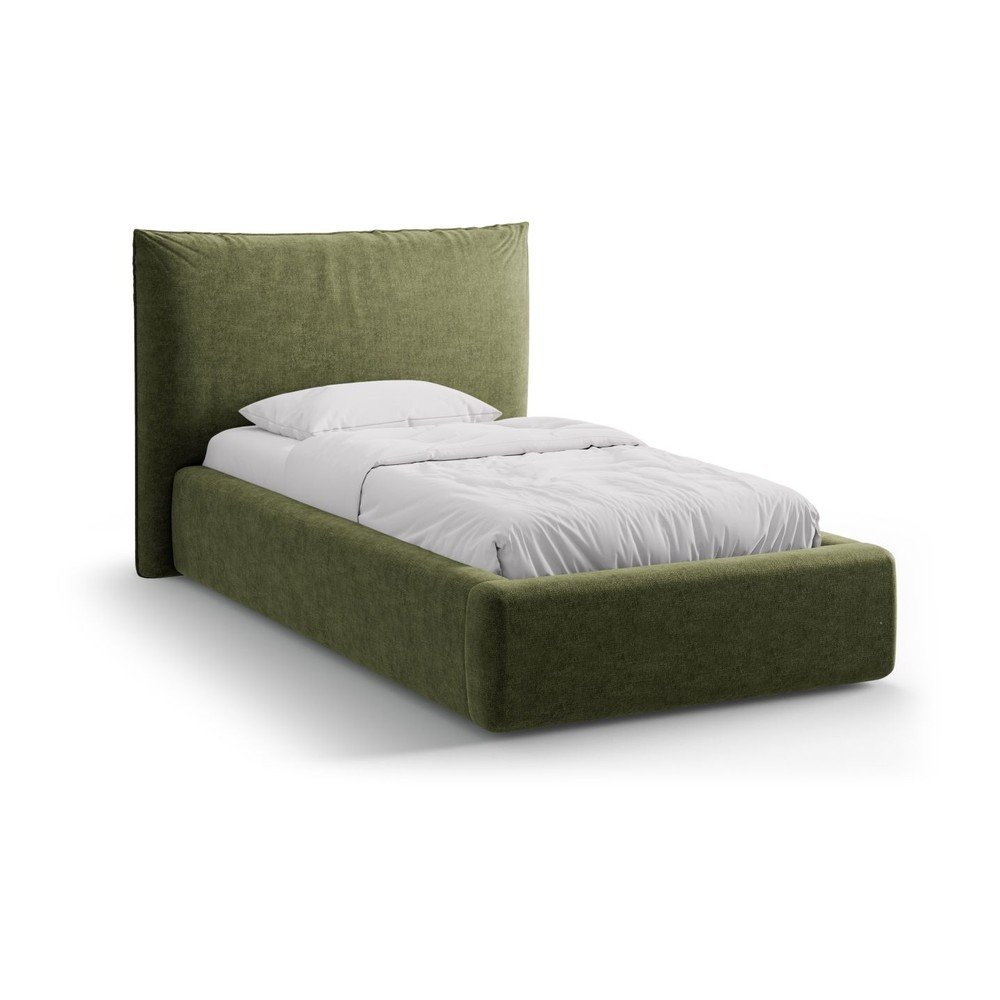 Zöld kárpitozott ágyneműtartós egyszemélyes ágy ágyráccsal 90x200 cm Kaelle – Micadoni