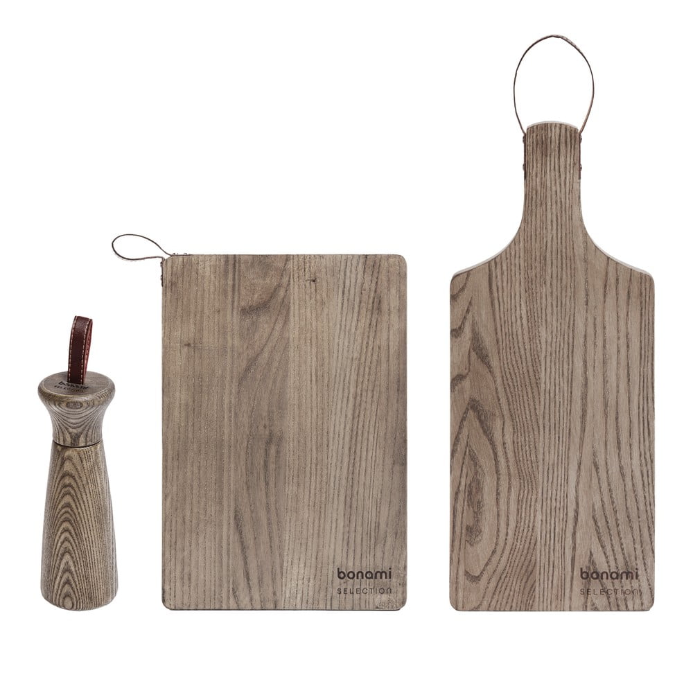 Fa szervírozó fűszerőrlő és vágódeszka készlet 3 db-os 52