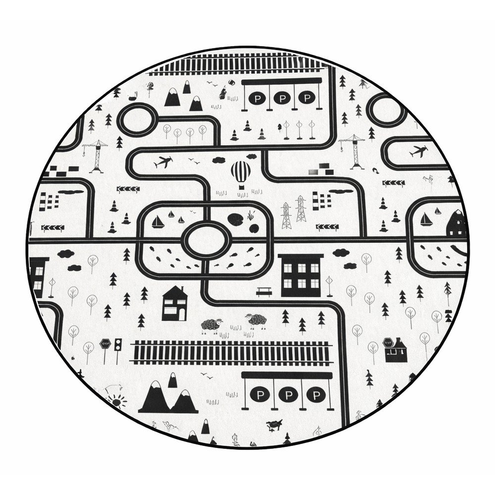 Fekete-fehér mosható gyerek játszószőnyeg ø120 cm In My Town – Mila Home
