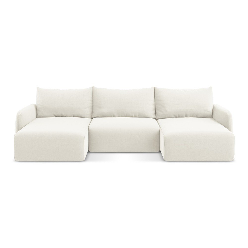 Krémszínű bársony kinyitható-tárolóhelyes (U alakú) sarokkanapé Kalena – Makamii