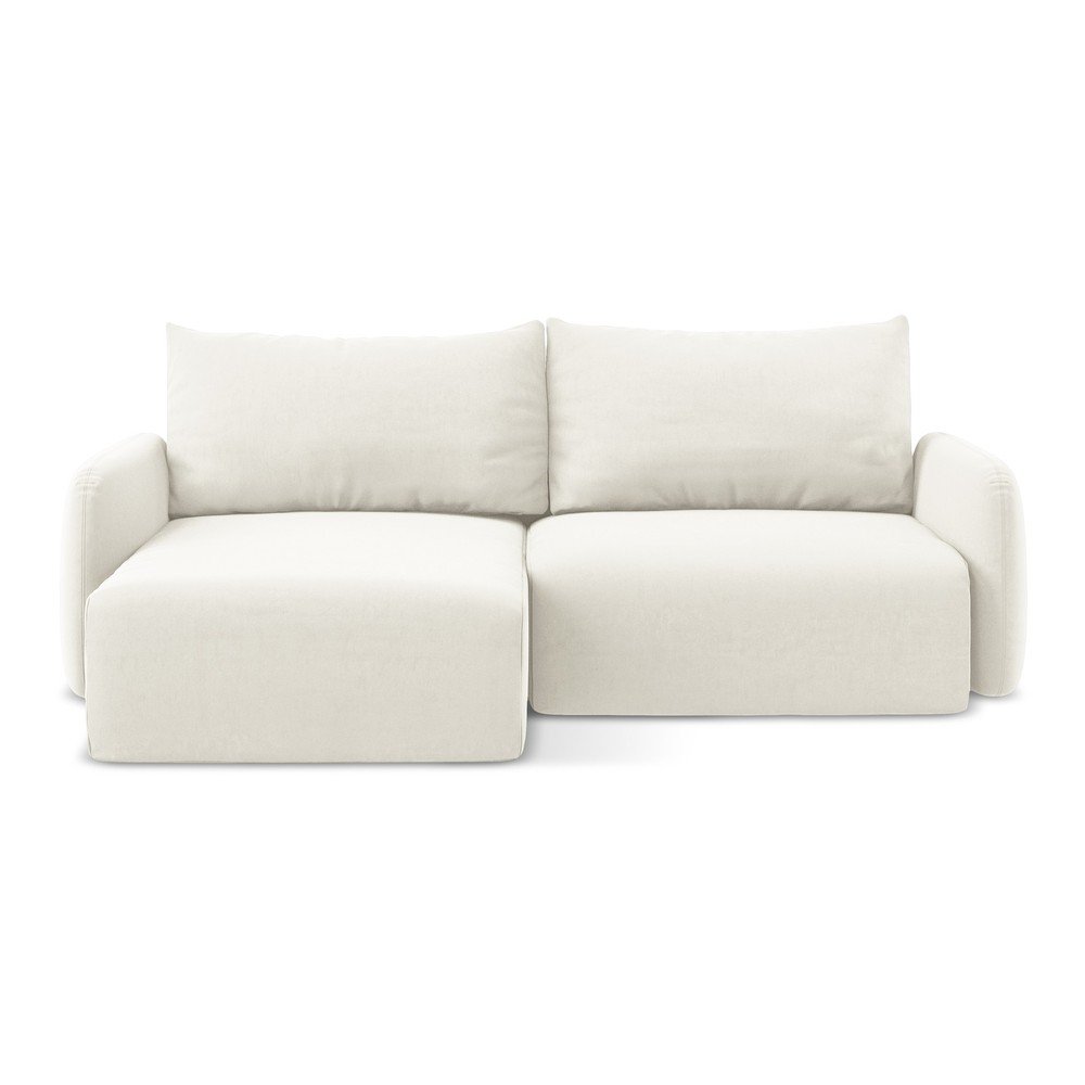 Krémszínű bársony kinyitható-tárolóhelyes sarokkanapé (bal oldali-heverő résszel) Kalena – Makamii