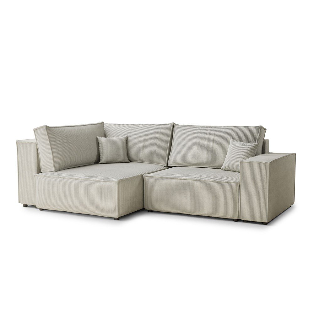 Krémszínű kordbársony kinyitható-tárolóhelyes sarokkanapé (bal oldali-L alakú) Tonga – Maison de Rêve