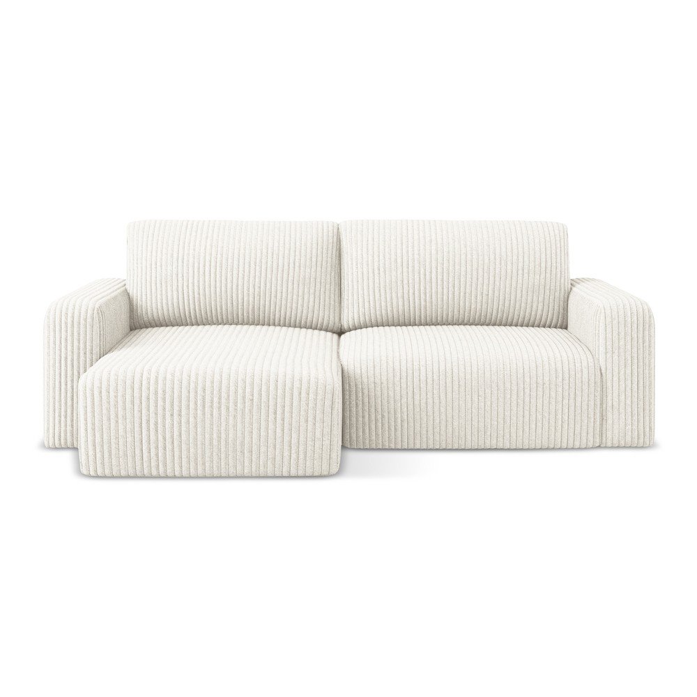 Krémszínű kordbársony kinyitható-tárolóhelyes sarokkanapé (bal oldali-heverő résszel) Kona – Makamii