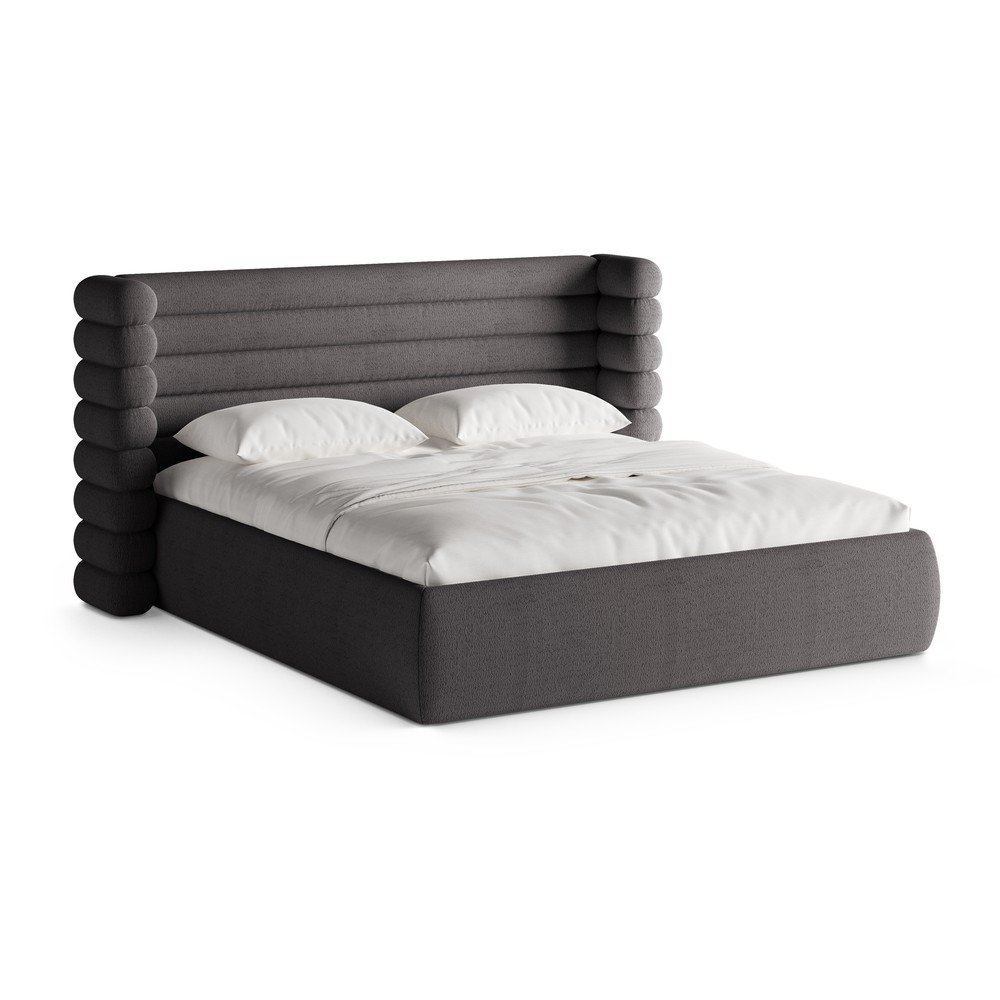 Sötétszürke kárpitozott ágyneműtartós franciaágy ágyráccsal 200x200 cm Mount – Micadoni