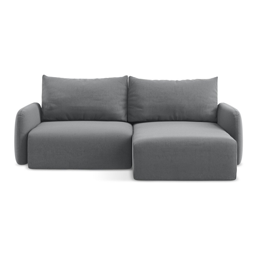 Szürke bársony kinyitható-tárolóhelyes sarokkanapé (jobb oldali-heverő résszel) Kalena – Makamii