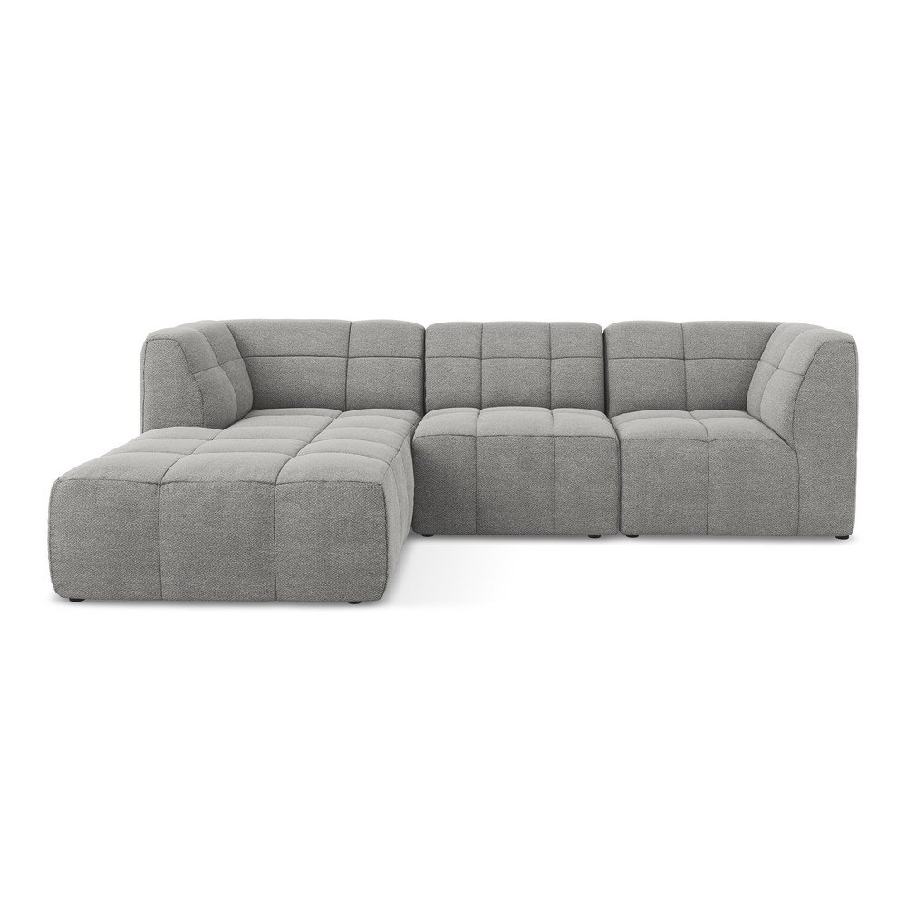 Szürke buklé sarokkanapé (bal oldali-heverő résszel) Aloha – Makamii