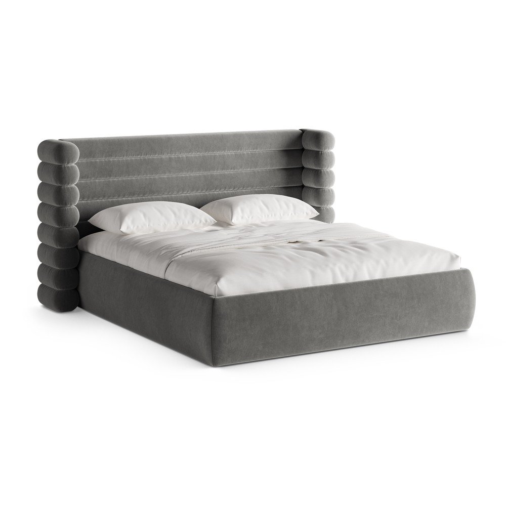 Szürke kárpitozott ágyneműtartós franciaágy ágyráccsal 160x200 cm Mount – Micadoni