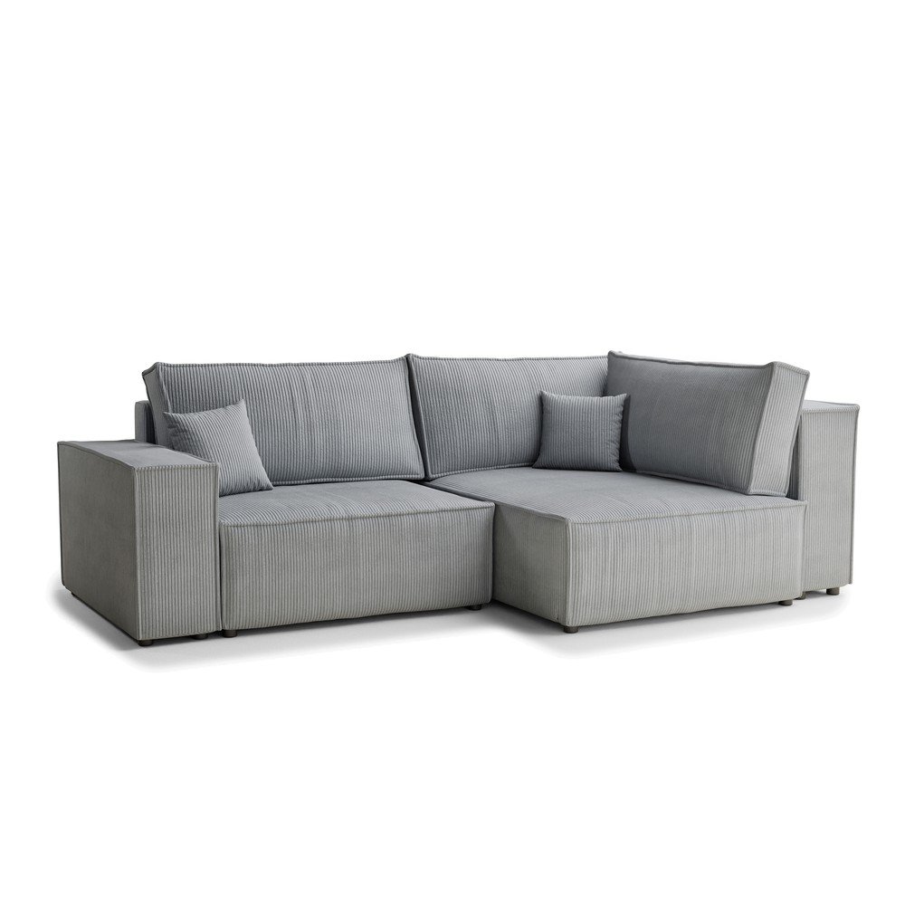 Szürke kordbársony kinyitható-tárolóhelyes sarokkanapé (jobb oldali-L alakú) Tonga – Maison de Rêve
