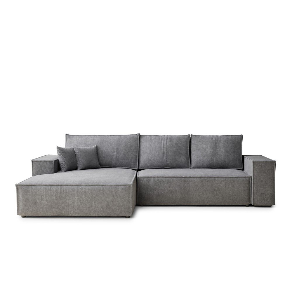 Szürke zsenília kinyitható-tárolóhelyes sarokkanapé (bal oldali-heverő résszel) Maze – Maison de Rêve