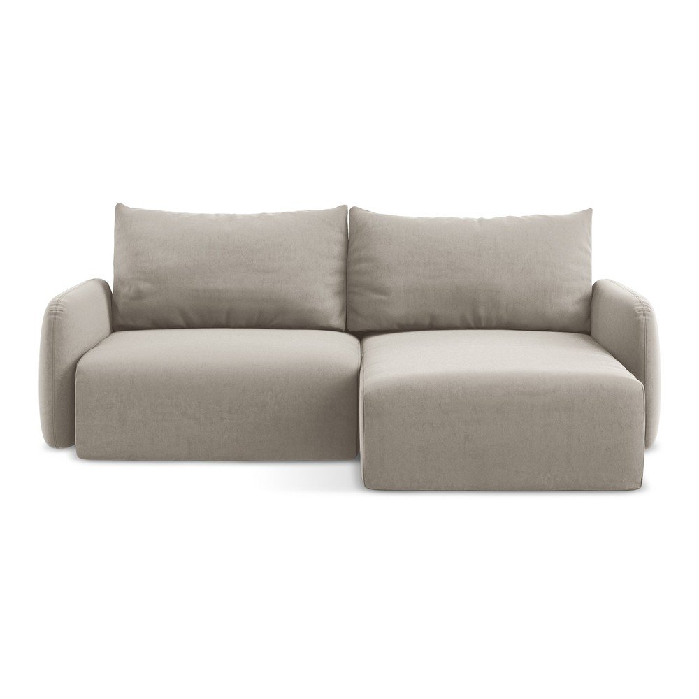 Szürkésbarna bársony kinyitható-tárolóhelyes sarokkanapé (jobb oldali-heverő résszel) Kalena – Makamii