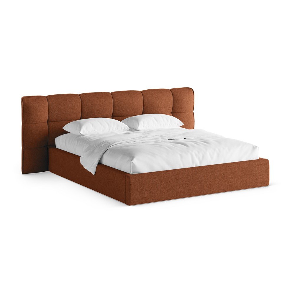 Téglavörös kárpitozott ágyneműtartós franciaágy ágyráccsal 140x200 cm Eric – Micadoni