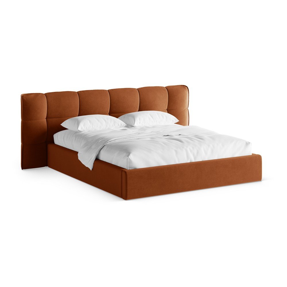 Terrakotta színű kárpitozott ágyneműtartós franciaágy ágyráccsal 180x200 cm Eric – Micadoni