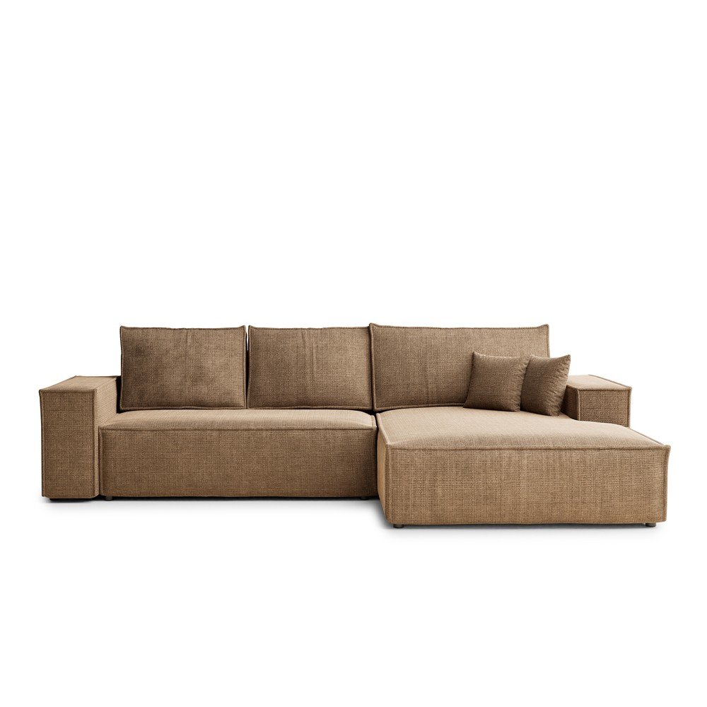 Világosbarna zsenília kinyitható-tárolóhelyes sarokkanapé (jobb oldali-heverő résszel) Maze – Maison de Rêve