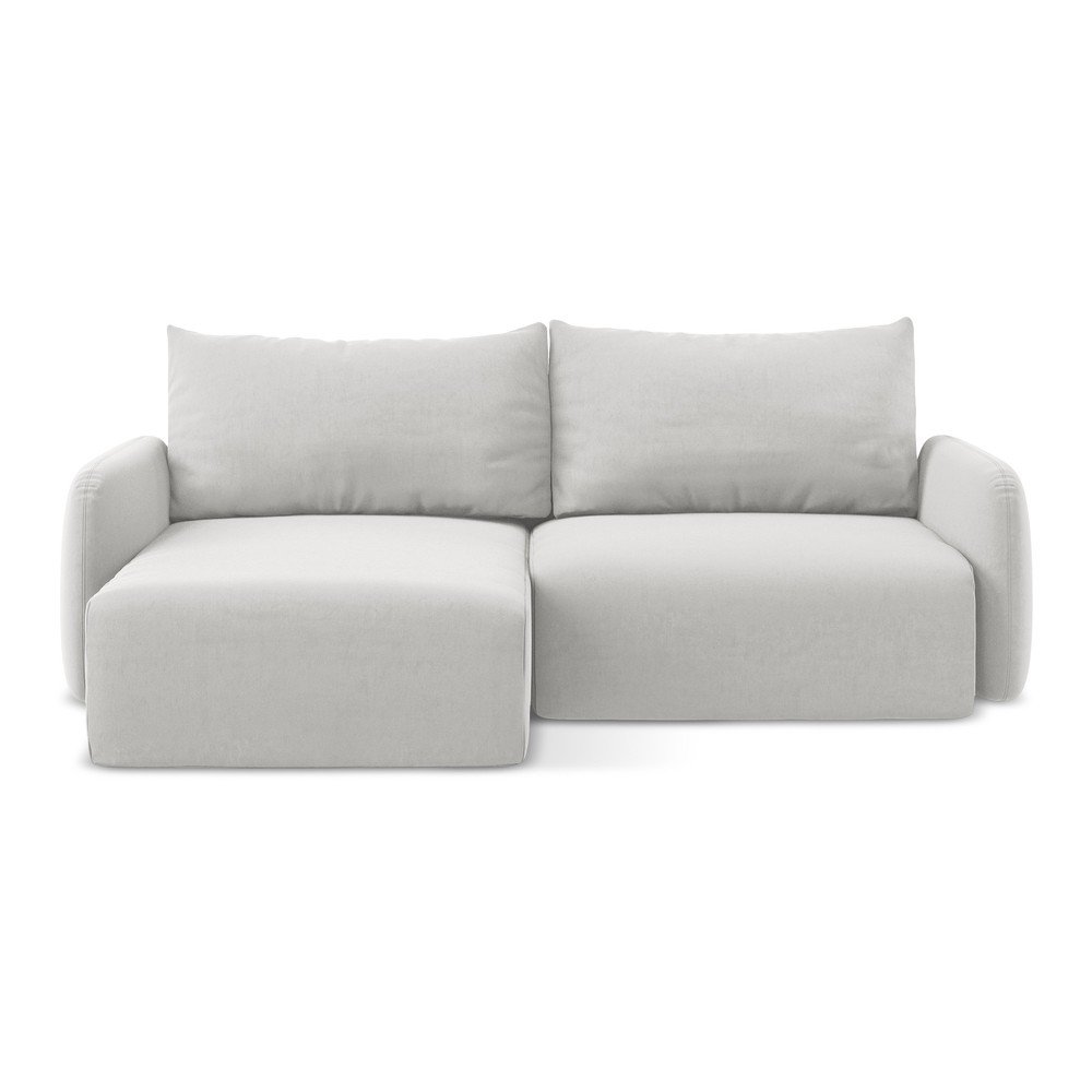 Világosszürke bársony kinyitható-tárolóhelyes sarokkanapé (bal oldali-heverő résszel) Kalena – Makamii