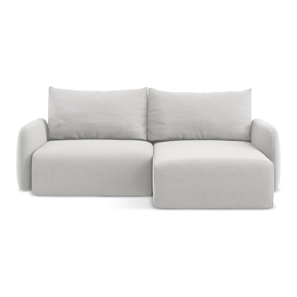 Világosszürke bársony kinyitható-tárolóhelyes sarokkanapé (jobb oldali-heverő résszel) Kalena – Makamii