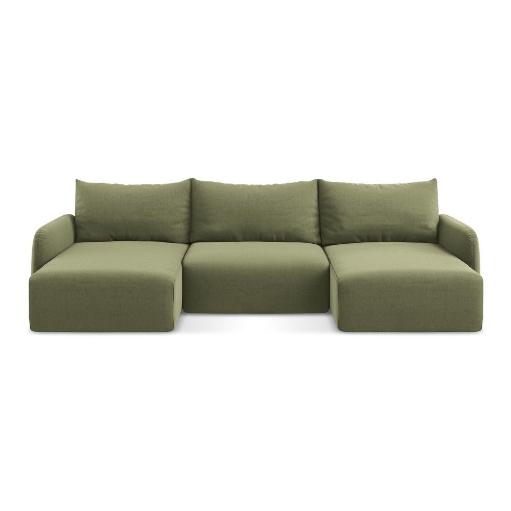 Zöld bársony kinyitható-tárolóhelyes (U alakú) sarokkanapé Kalena – Makamii