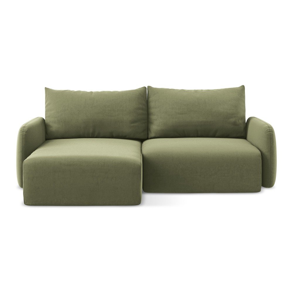 Zöld bársony kinyitható-tárolóhelyes sarokkanapé (bal oldali-heverő résszel) Kalena – Makamii