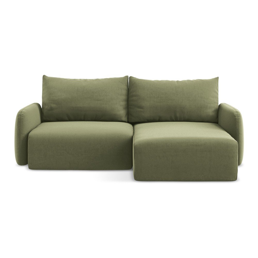 Zöld bársony kinyitható-tárolóhelyes sarokkanapé (jobb oldali-heverő résszel) Kalena – Makamii