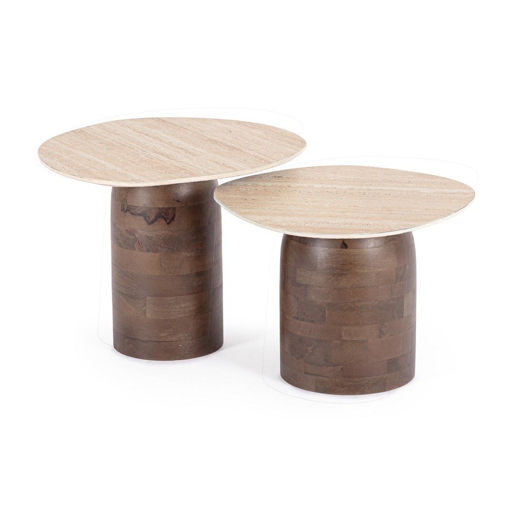 Barna-világos natúr színű kerek dohányzóasztal szett 2 db-os márvány dekoros asztallappal 34x40 cm Yanisha – Bizzotto