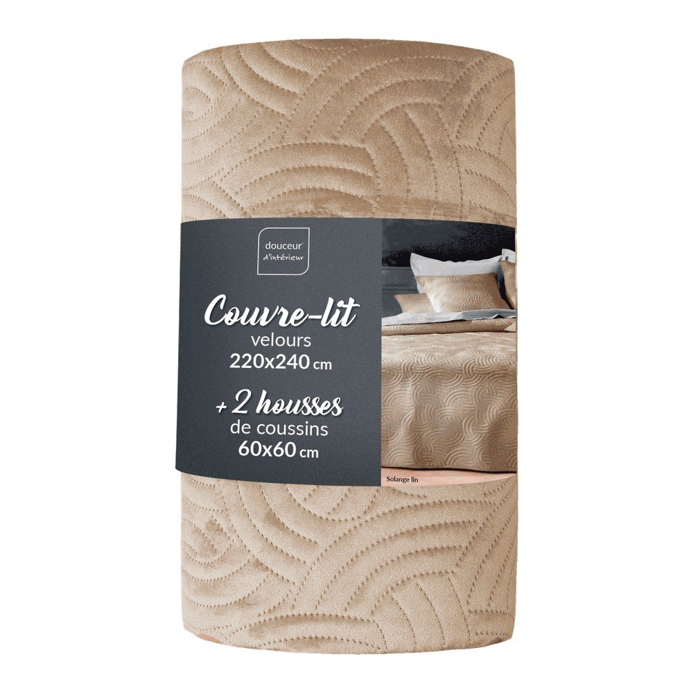 Bézs bársony ágytakaró és párnahuzat szett 220x240 cm Solange – douceur d'intérieur