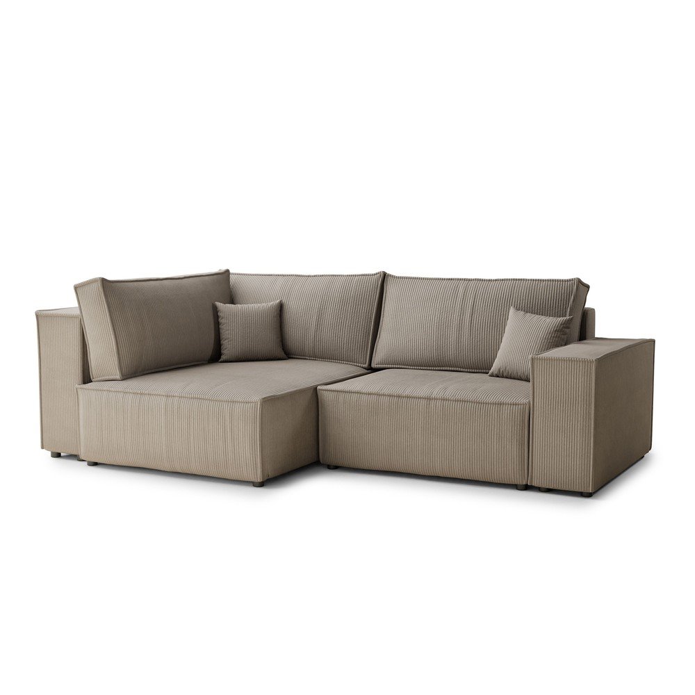 Bézs kordbársony kinyitható-tárolóhelyes sarokkanapé (bal oldali-L alakú) Tonga – Maison de Rêve