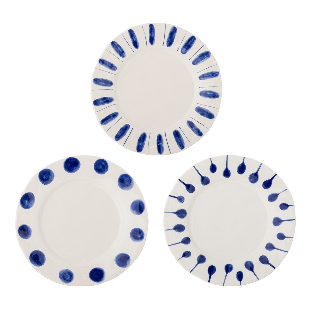 Fehér-kék kőedény tányér készlet 3 db-os ø 28 cm Linora – Bloomingville