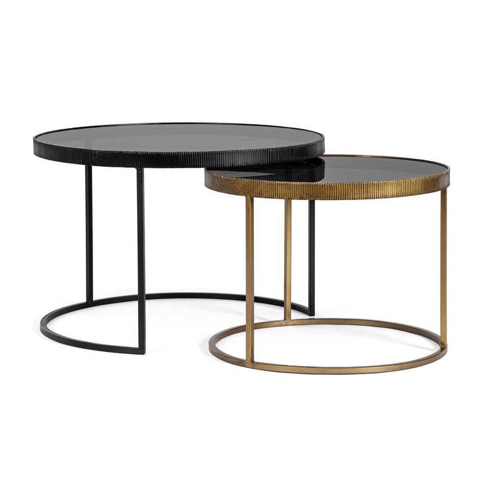 Fekete-aranyszínű kerek dohányzóasztal szett 2 db-os üveg asztallappal ø 75 cm Yamir – Bizzotto
