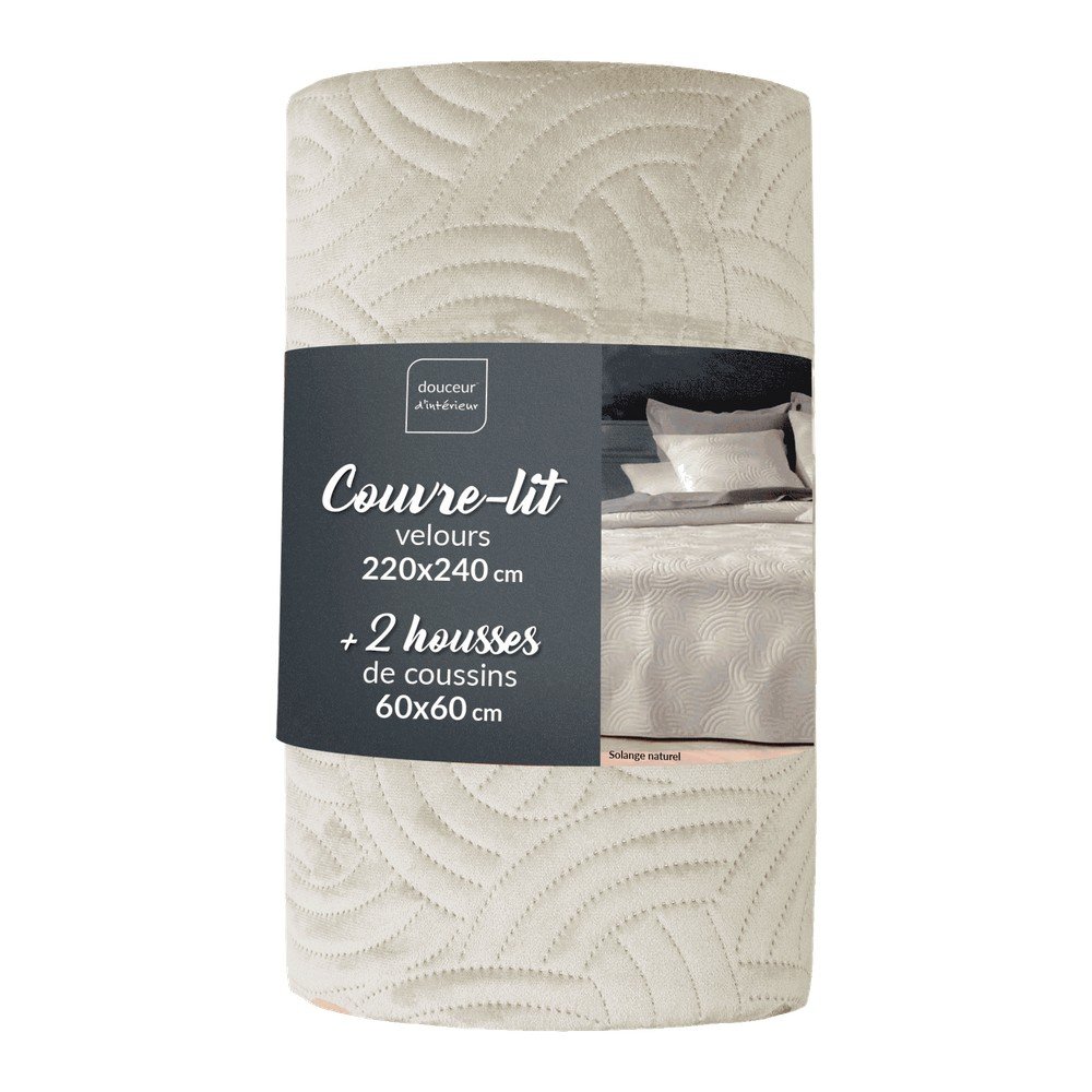 Krémszínű bársony ágytakaró és párnahuzat szett 220x240 cm Solange – douceur d'intérieur