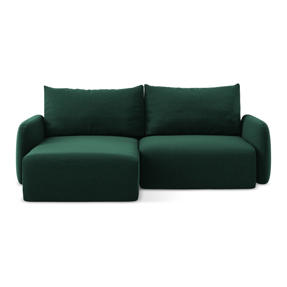 Sötétzöld bársony kinyitható-tárolóhelyes sarokkanapé (bal oldali-heverő résszel) Kalena – Makamii