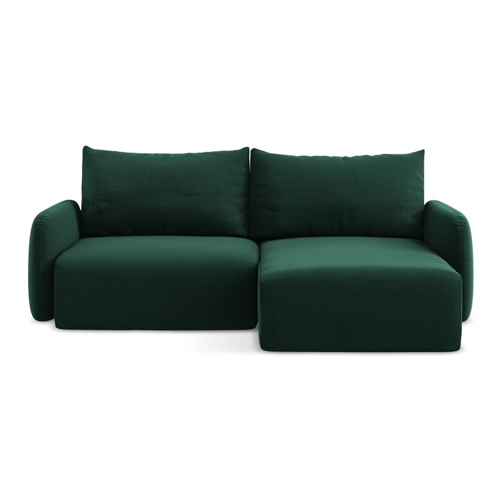 Sötétzöld bársony kinyitható-tárolóhelyes sarokkanapé (jobb oldali-heverő résszel) Kalena – Makamii