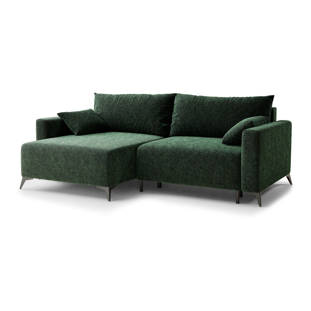 Sötétzöld zsenília kinyitható-tárolóhelyes sarokkanapé (bal oldali-heverő résszel) Leon – Maison de Rêve