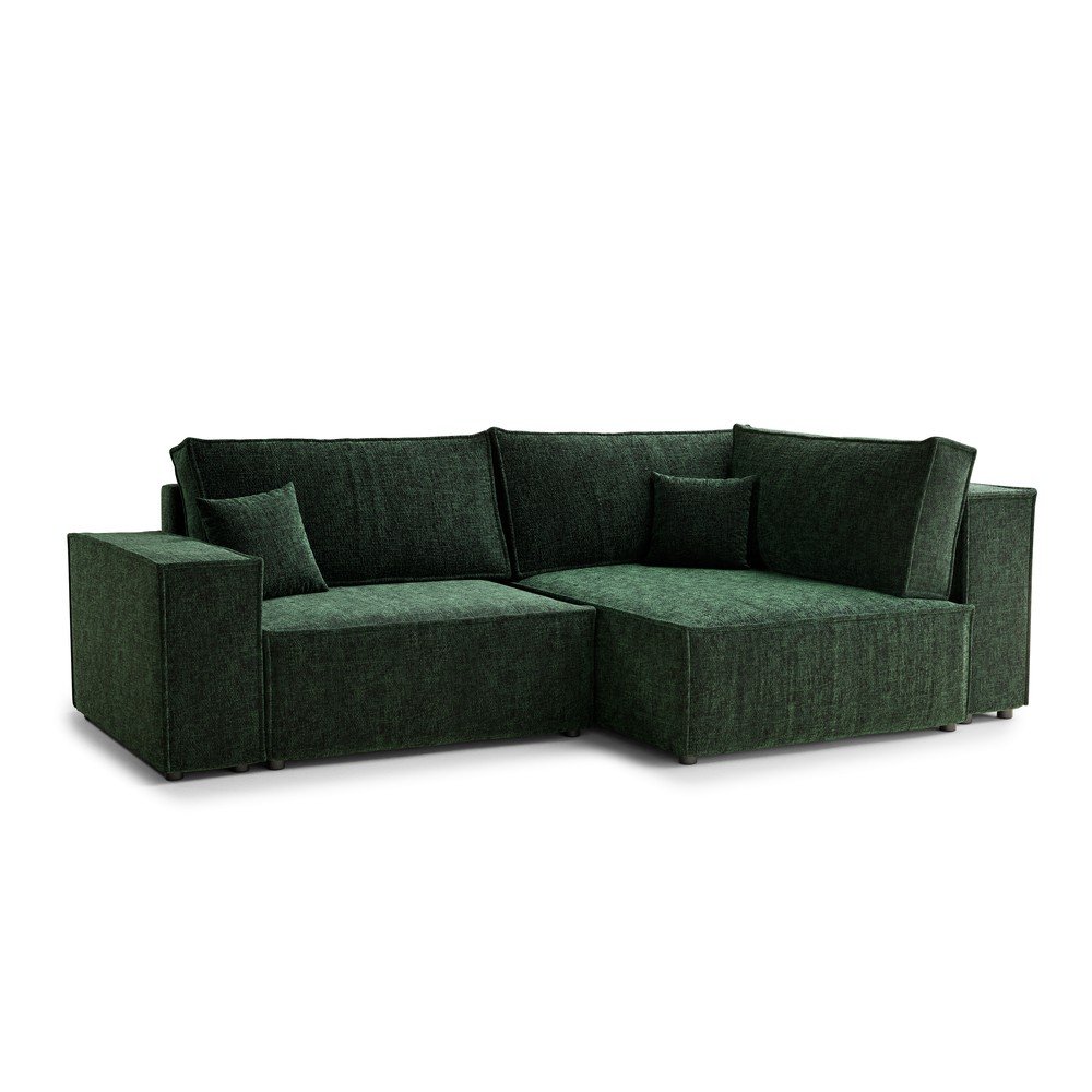 Sötétzöld zsenília kinyitható-tárolóhelyes sarokkanapé (jobb oldali-L alakú) Tonga – Maison de Rêve