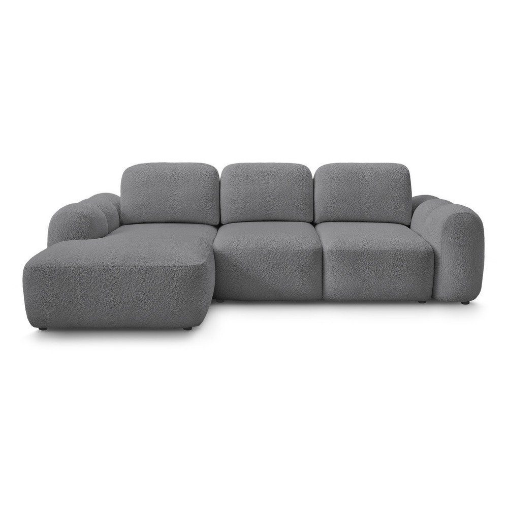 Szürke buklé kinyitható-tárolóhelyes sarokkanapé (bal oldali-heverő résszel) Montaigne – Bobochic Paris