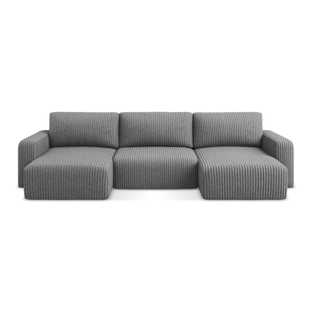 Szürke kordbársony kinyitható-tárolóhelyes (U alakú) sarokkanapé Kona – Makamii