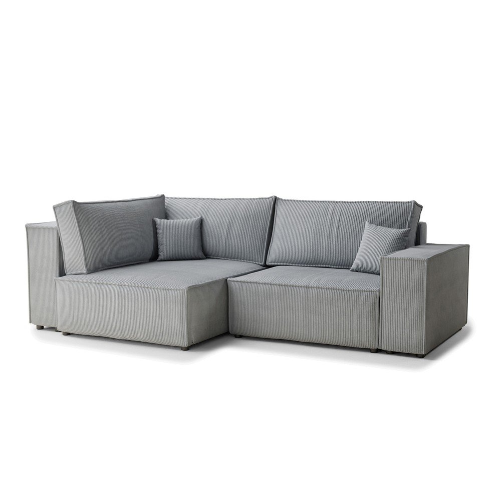 Szürke kordbársony kinyitható-tárolóhelyes sarokkanapé (bal oldali-L alakú) Tonga – Maison de Rêve