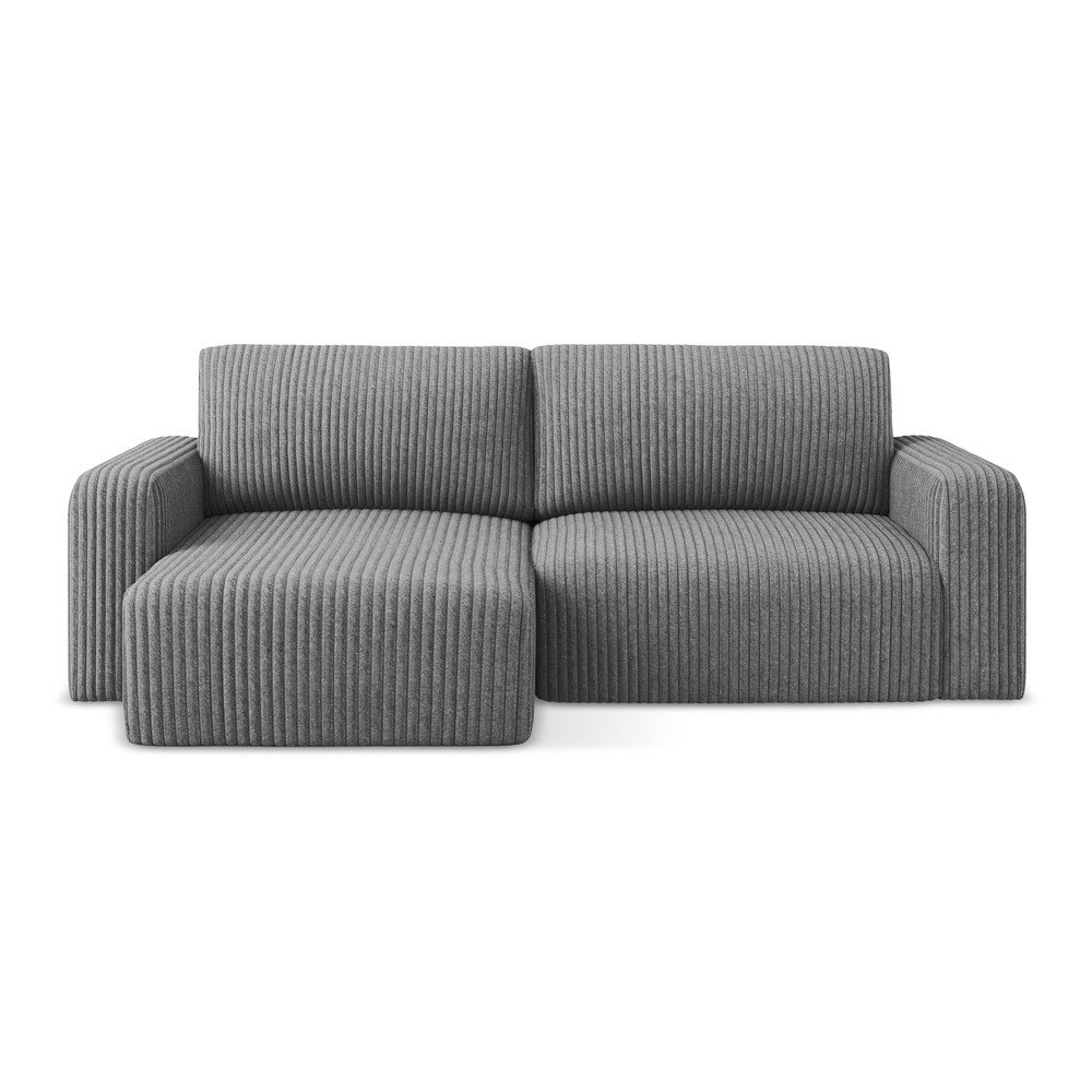 Szürke kordbársony kinyitható-tárolóhelyes sarokkanapé (bal oldali-heverő résszel) Kona – Makamii