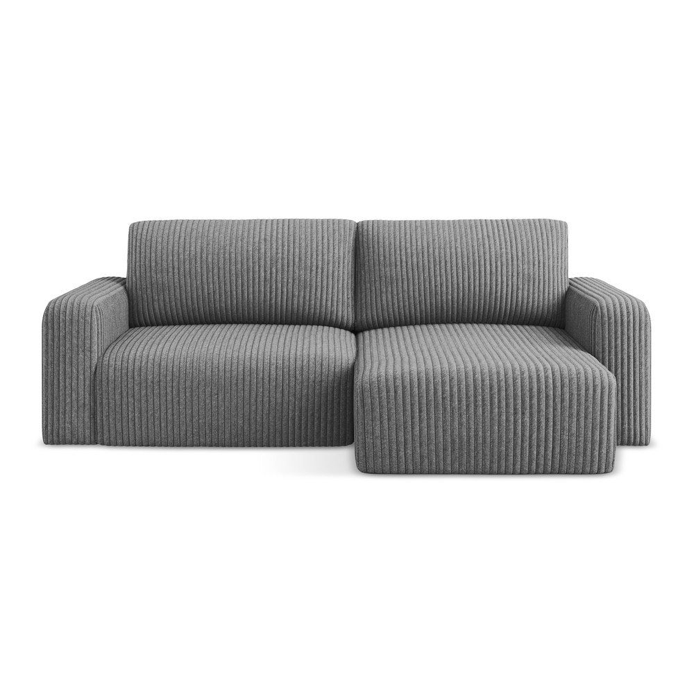 Szürke kordbársony kinyitható-tárolóhelyes sarokkanapé (jobb oldali-heverő résszel) Kona – Makamii