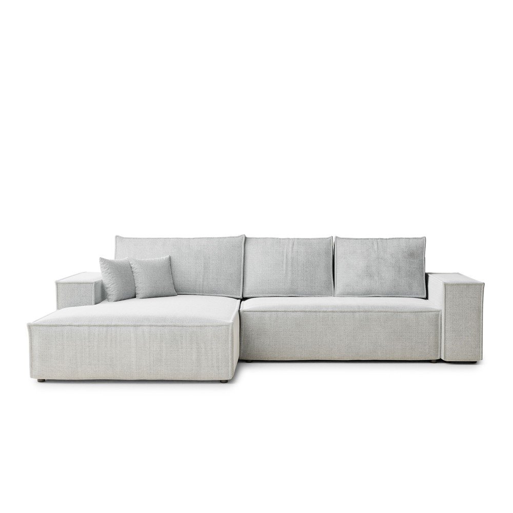 Világosszürke zsenília kinyitható-tárolóhelyes sarokkanapé (bal oldali-heverő résszel) Maze – Maison de Rêve