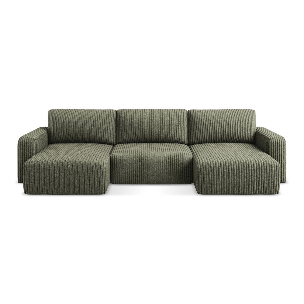 Zöld kordbársony kinyitható-tárolóhelyes (U alakú) sarokkanapé Kona – Makamii