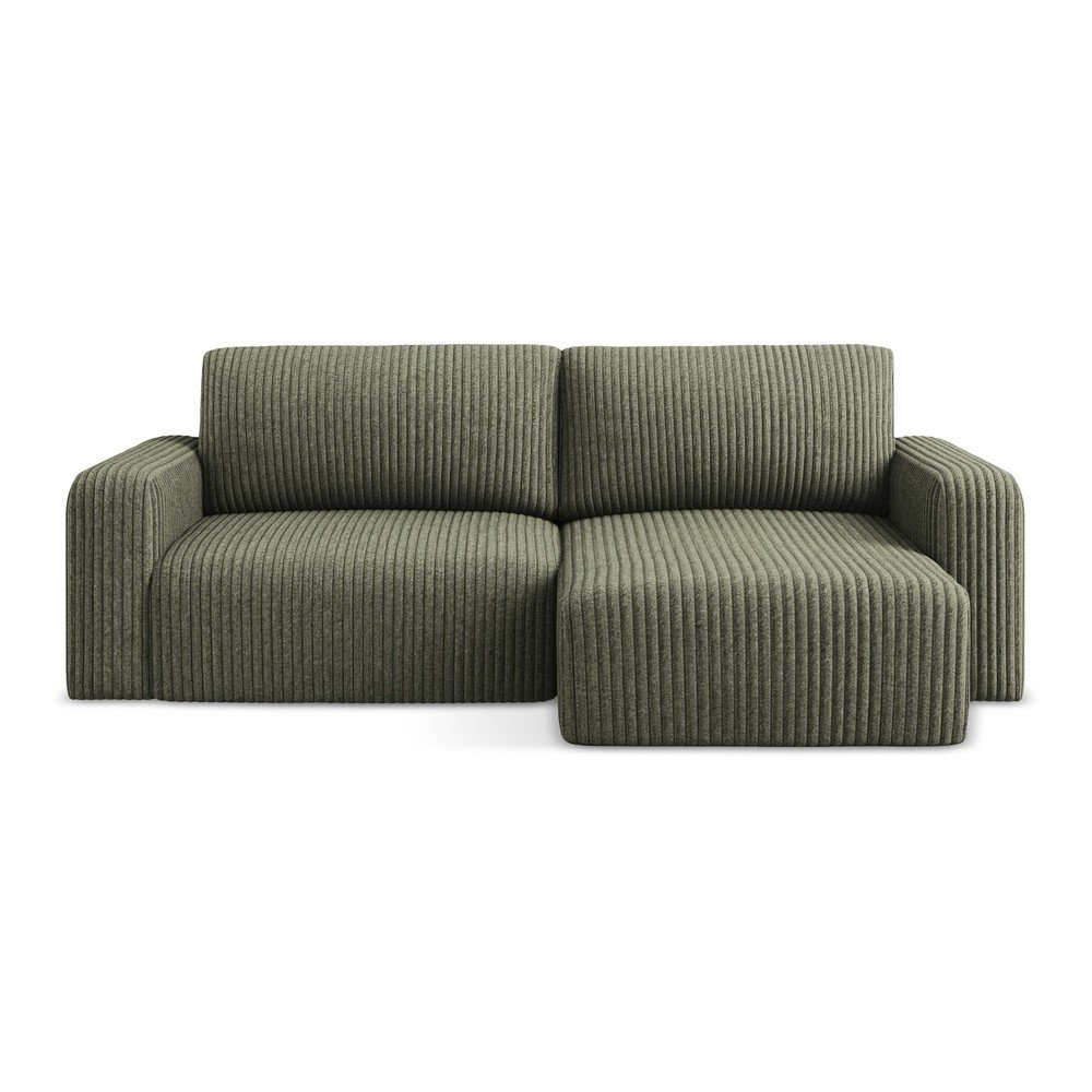 Zöld kordbársony kinyitható-tárolóhelyes sarokkanapé (jobb oldali-heverő résszel) Kona – Makamii