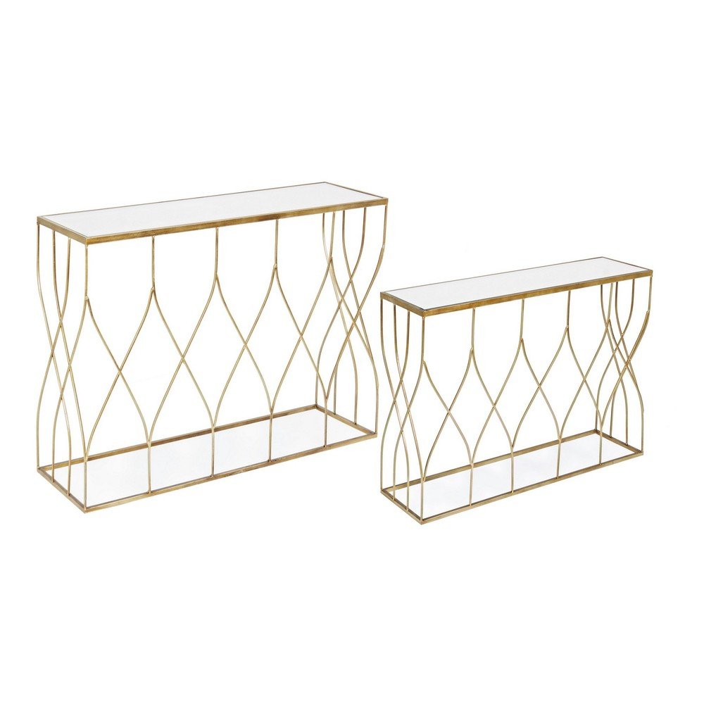 Aranyszínű konzolasztal szett 2 db-os üveg asztallappal 33x104 cm Elenor – Bizzotto
