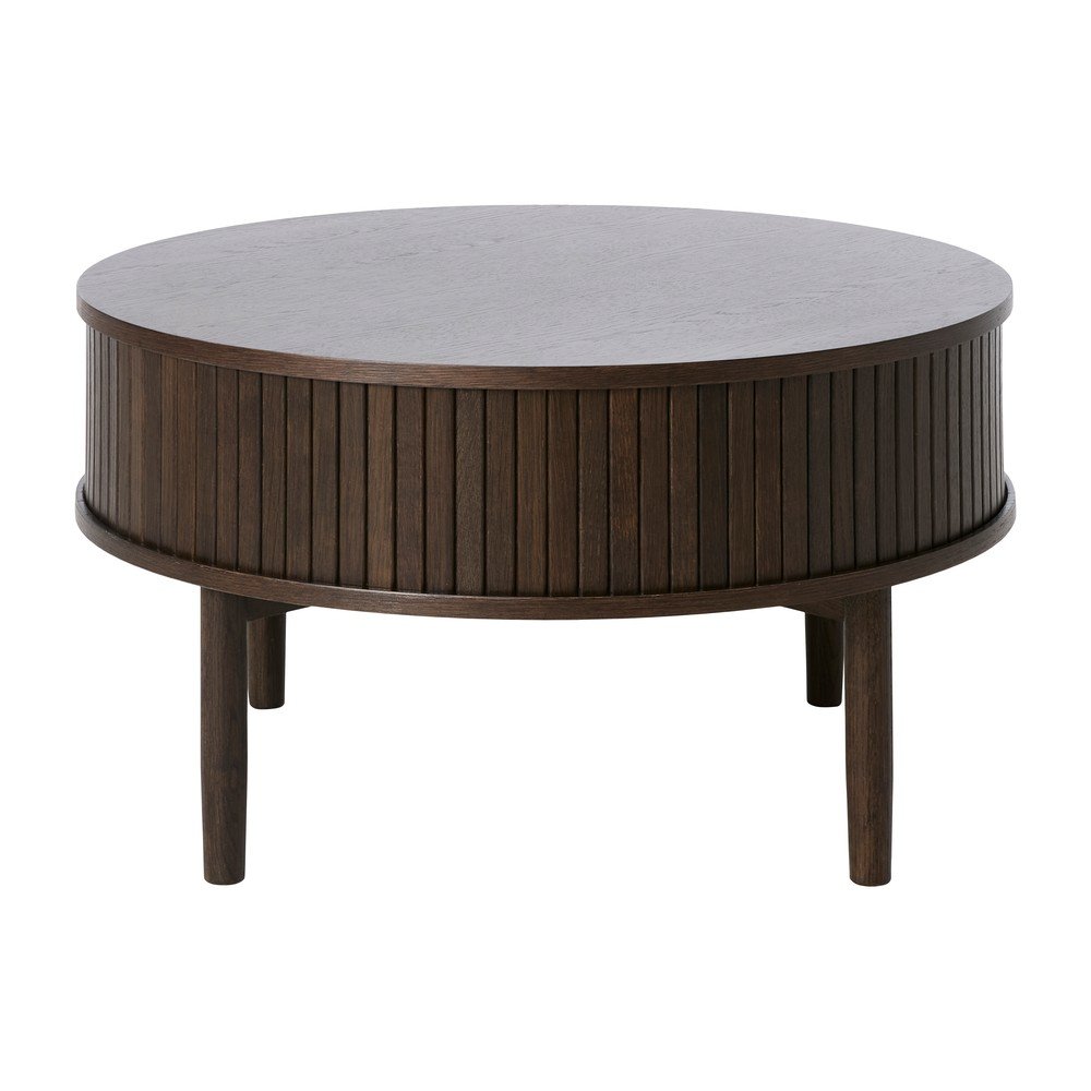 Sötét natúr színű kerek dohányzóasztal tölgyfa dekorral ø 85 cm Meta – Unique Furniture