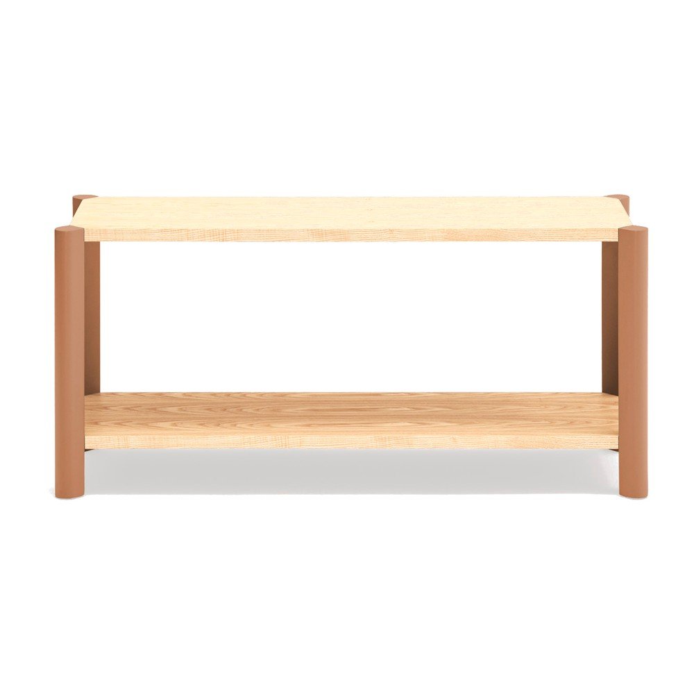 Téglavörös-világos natúr színű polcos állvány tölgyfa dekorral 126x59x43 cm Bona – Teulat