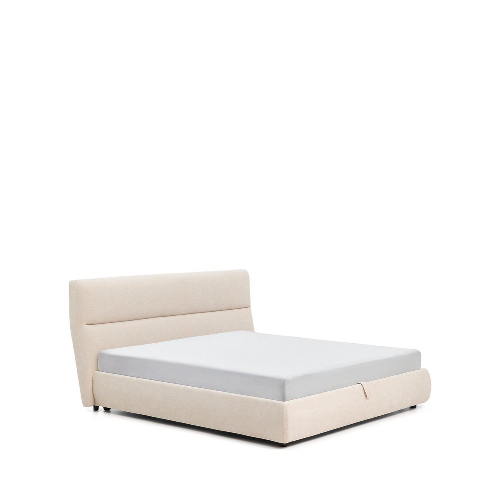 Bézs kárpitozott ágyneműtartós zsenília franciaágy ágyráccsal 180x200 cm Dafra – Kave Home