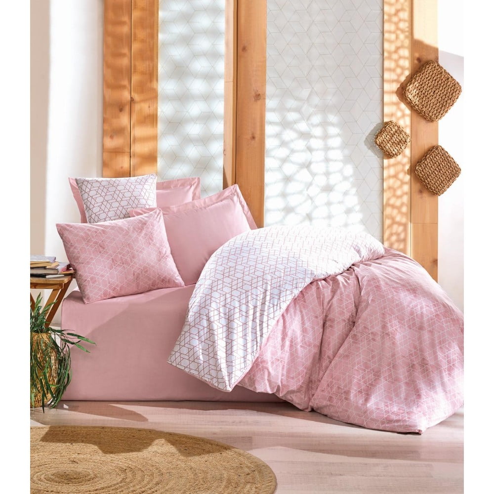 Fehér-rózsaszín egyszemélyes renforcé pamut ágyneműhuzat 140x200 cm Soft Geometry – Mila Home Luxury