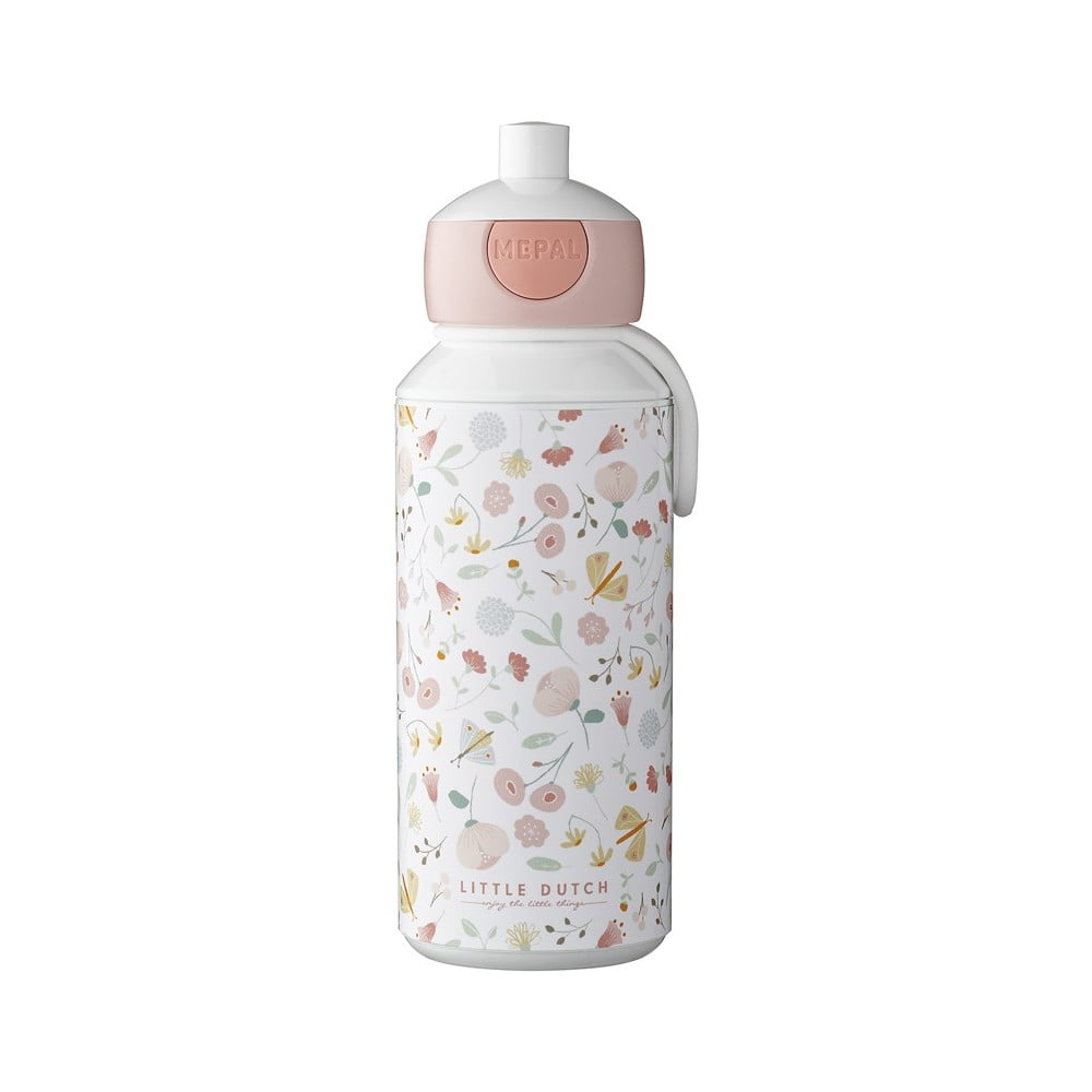 Fehér-világos rózsaszín műanyag gyerek ivópalack 400 ml Flowers & Butterflies by Little Dutch – Mepal